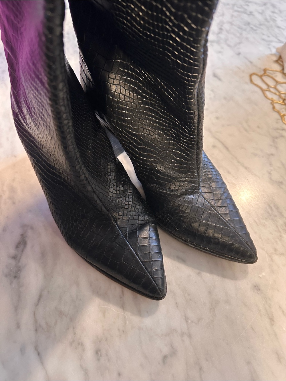 Shutz Black Croc-Embossed Mid-Calf Heeled Boots - Picture 6 of 6